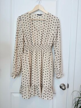 SHEIN Beige Polka Dot V-Neck Long Sleeve Dress